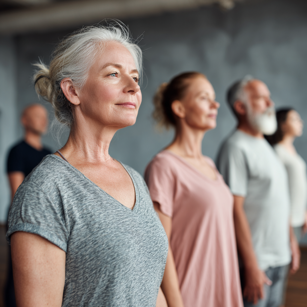 Group of middle-aged adults practicing gentle yoga in a calm studio environment