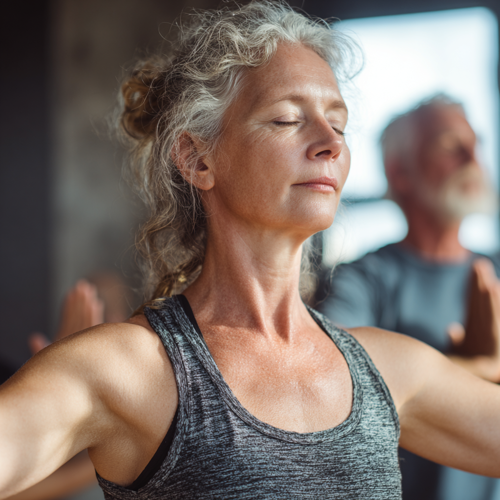 Older adult practicing mindful yoga movements with focus and stability in natural light